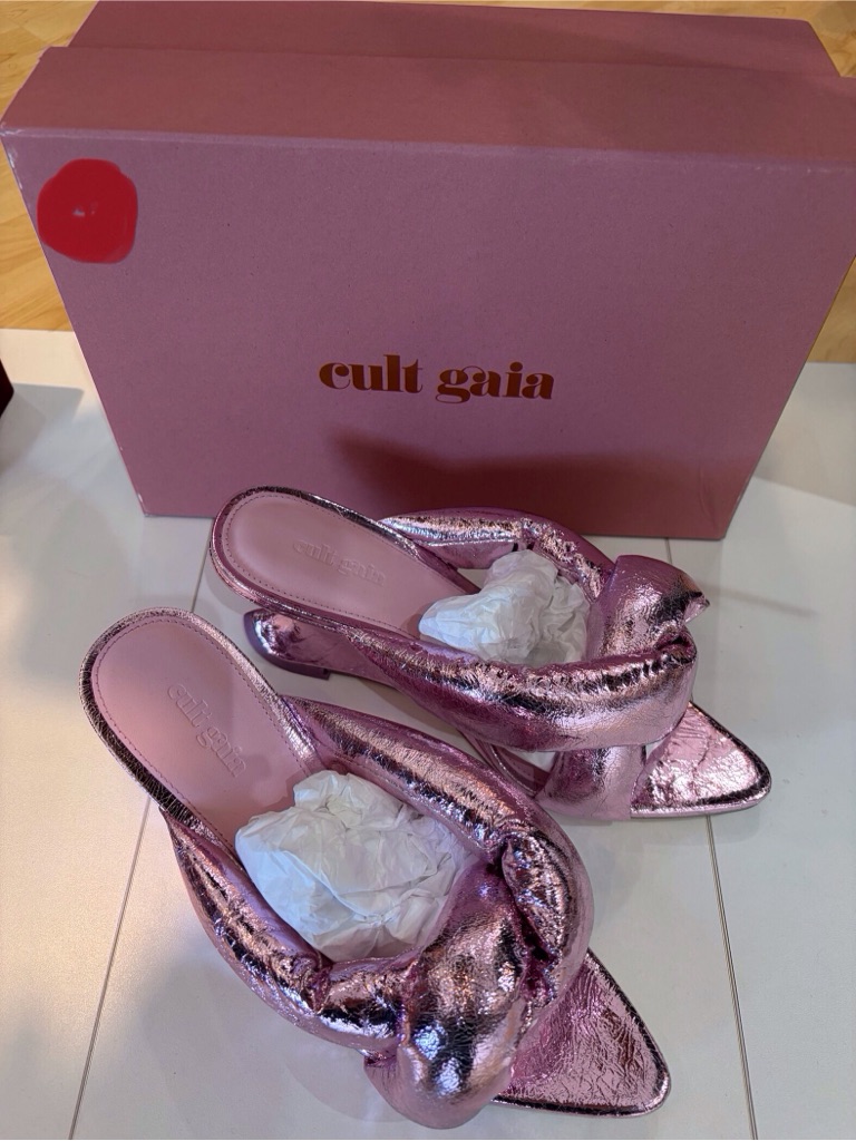 Cult Gaia Metallic Pink Knotted Slide Mules